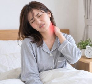 朝起きたときに寝違えて首の痛みを感じている女性