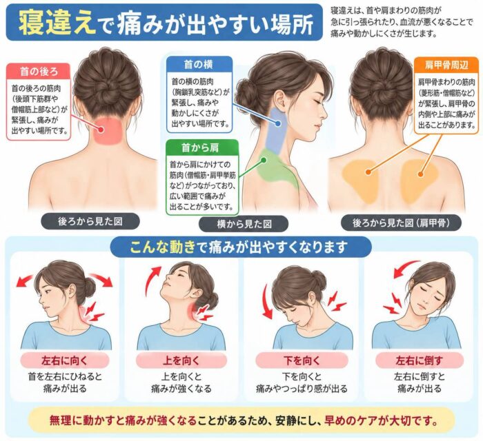 寝違えで痛みが出やすい首の後ろ・首の横・首から肩・肩甲骨周辺と首を動かしたときの痛み