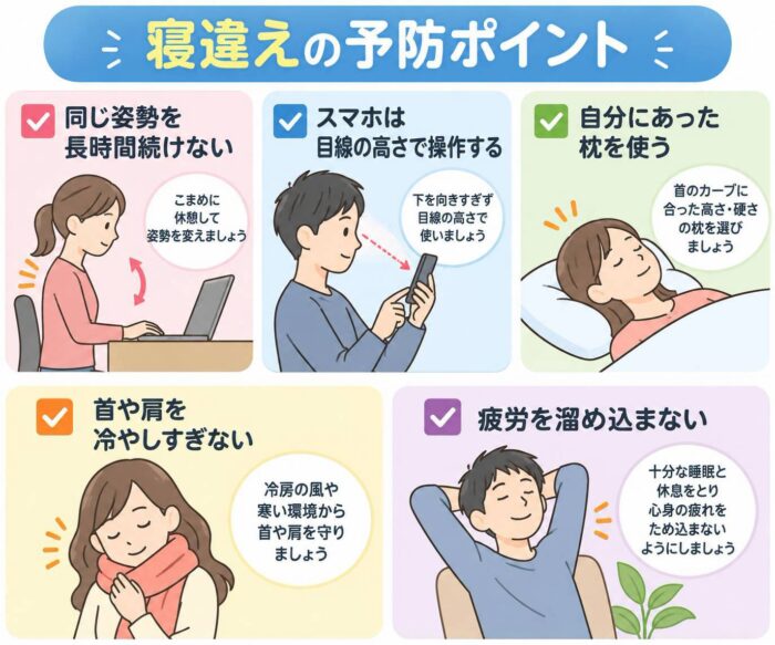 寝違えを予防するための同じ姿勢を続けない、スマホを目線の高さで使う、自分に合った枕を使う、首や肩を冷やしすぎない、疲労を溜めないポイント