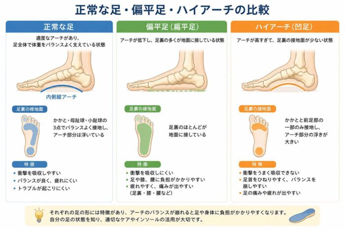 正常な足と偏平足、ハイアーチの足の形と足裏の接地状態を比較したイラスト