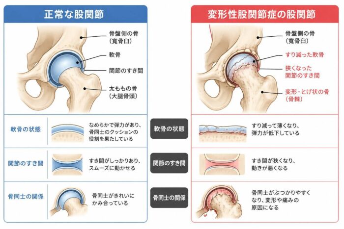 正常な股関節と変形性股関節症の股関節の違いを比較したイラスト