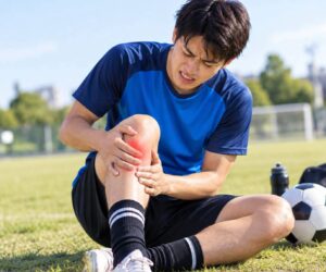 スポーツ中に膝の痛みを感じて膝を押さえるサッカー少年のイメージ