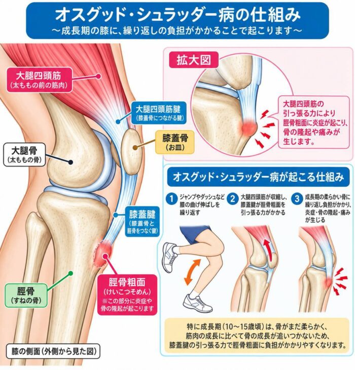 大腿四頭筋が膝蓋腱を介して脛骨粗面を引っ張り成長期の膝に負担がかかるオスグッド・シュラッター病の仕組み