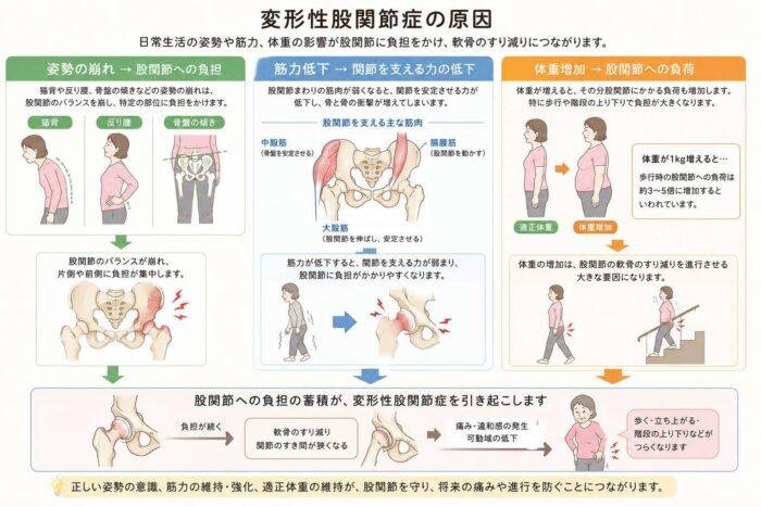 変形性股関節症につながる姿勢の崩れや筋力低下、体重増加などの要因を示したイラスト