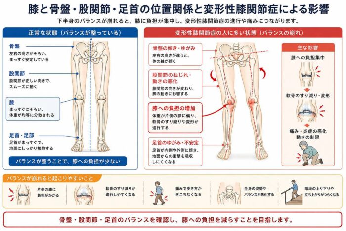 骨盤や股関節、膝、足首の位置関係と膝への負担を示した図