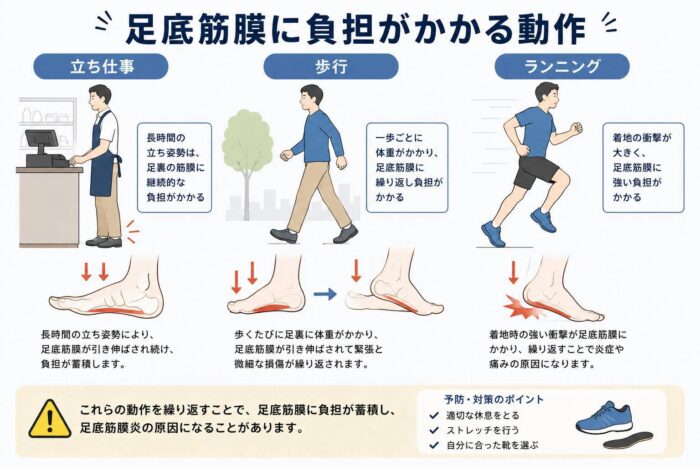 立ち仕事や歩行、ランニングによって足底筋膜に負担がかかる動作を示したイラスト