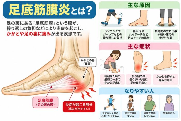 足底筋膜と踵の位置、足底筋膜炎の主な原因と症状を示したイラスト