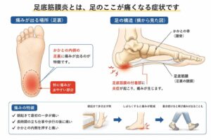 足底筋膜炎で痛みが出やすいかかとの内側と足底筋膜の位置を示したイラスト