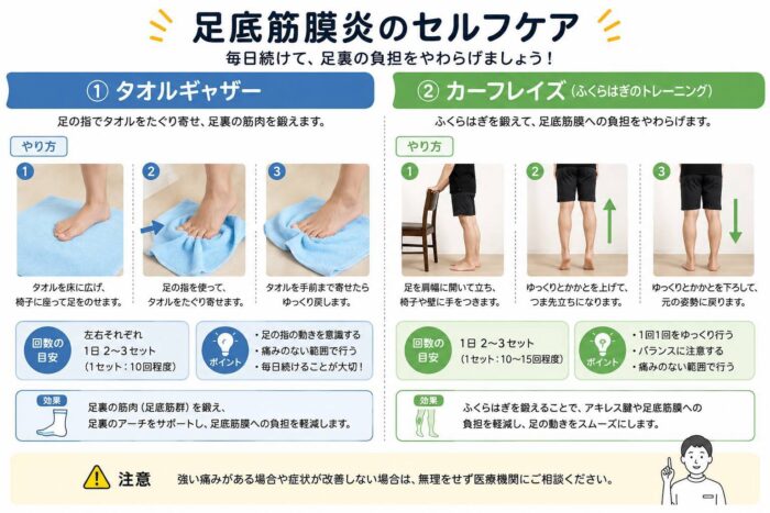 足底筋膜炎のセルフケアとして行うタオルギャザーとカーフレイズの方法