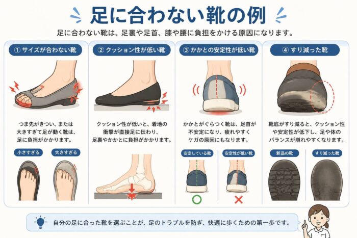 足底筋膜炎の負担につながるサイズの合わない靴やクッション性が低い靴、すり減った靴の例