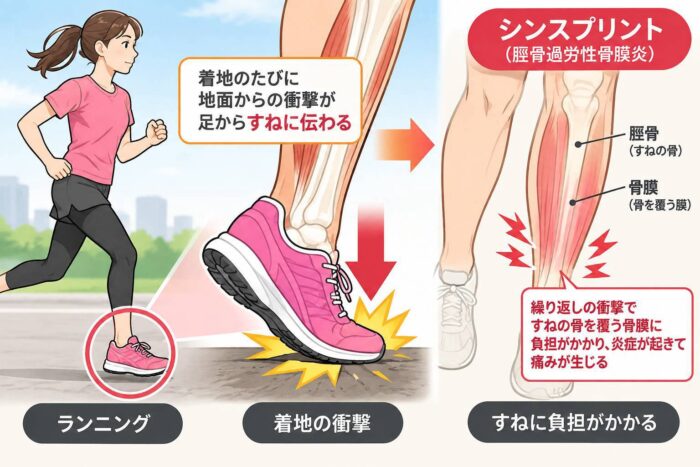 ランニングの着地による衝撃がすねに伝わりシンスプリントにつながるイメージ図