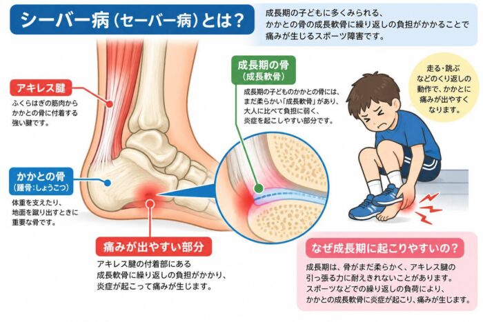 シーバー病で痛みが出やすいかかとの骨とアキレス腱、成長軟骨を示したイラスト