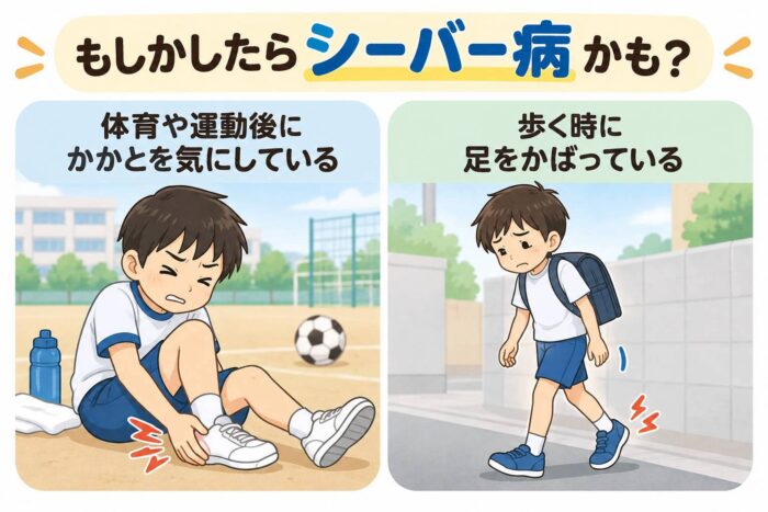 体育や運動後にかかとを気にする子どもと歩くときに足をかばう子どものイラスト