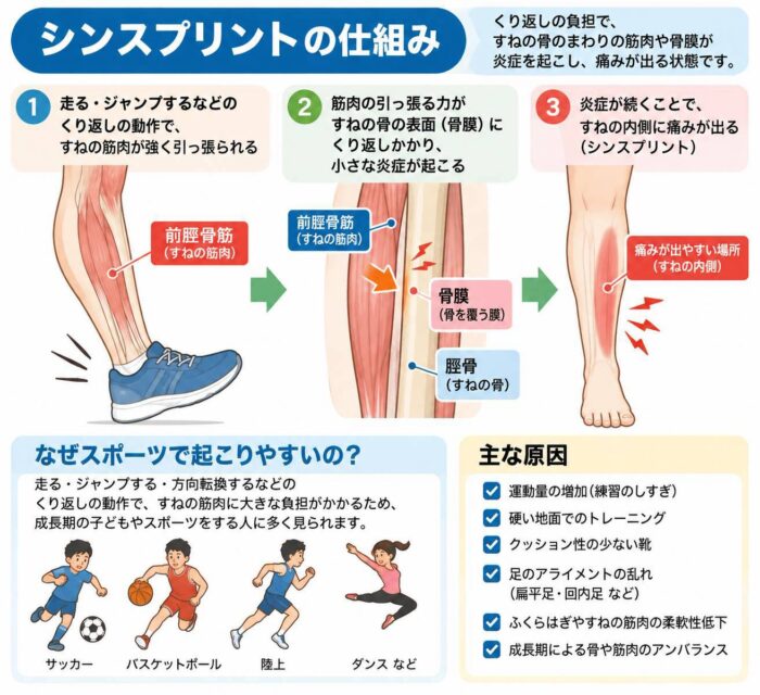 シンスプリントが起こる仕組みを筋肉、骨膜、脛骨の関係で示した図