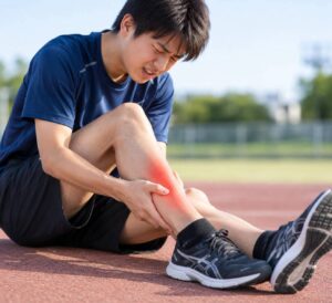 シンスプリントによるすねの痛みを押さえる学生アスリート