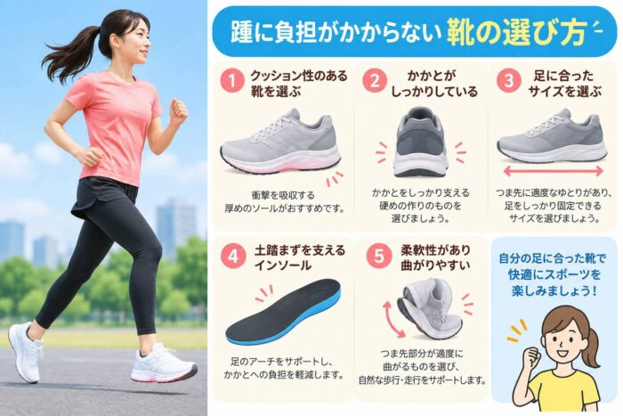 踵への負担を抑える靴の選び方を示したイラスト