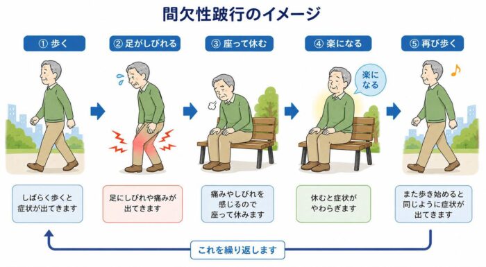 脊柱管狭窄症の間欠性跛行で歩くと足がしびれ、休むと楽になる流れのイメージ