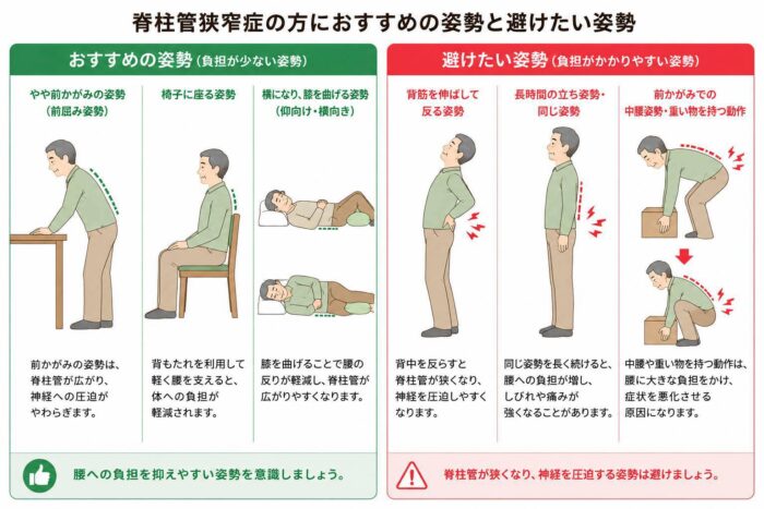 脊柱管狭窄症で腰への負担を抑えやすい姿勢と負担がかかりやすい姿勢の比較図