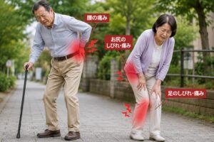 脊柱管狭窄症による腰やお尻、足のしびれや痛みのイメージ