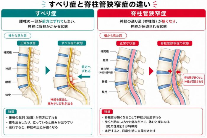 腰椎すべり症と脊柱管狭窄症の違いを比較した図
