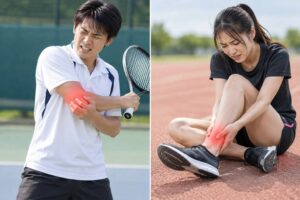 テニス中に肘の痛みを感じる男性とランニング後に足の痛みを感じる女性