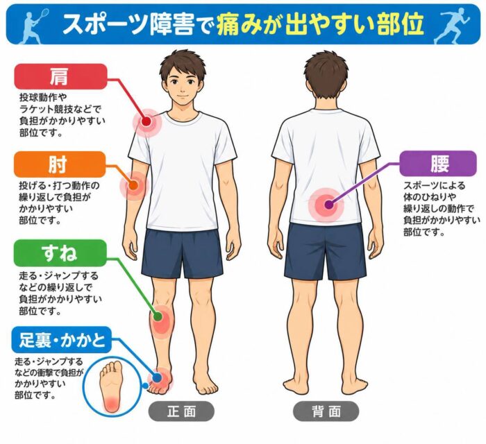 スポーツ障害で痛みが出やすい肩・肘・すね・足裏・かかと・腰の部位を示したイラスト