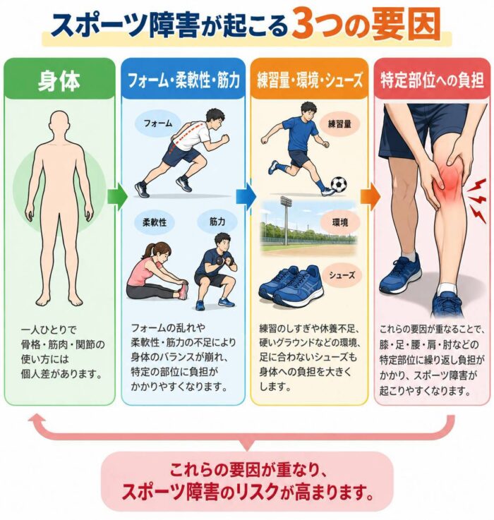 スポーツ障害につながる身体の特徴、フォーム、柔軟性、筋力、練習量、環境、シューズなどの要因を示した図解