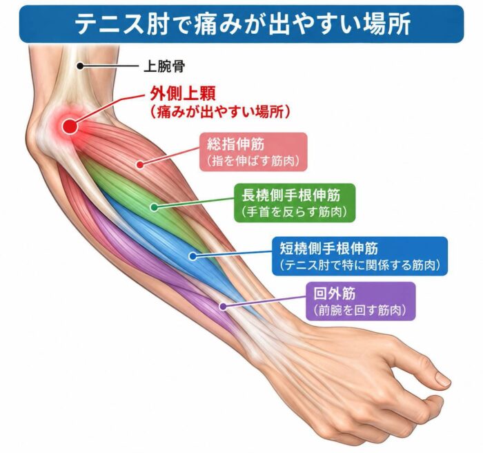 テニス肘で痛みが出やすい肘の外側と前腕の筋肉を示したイラスト